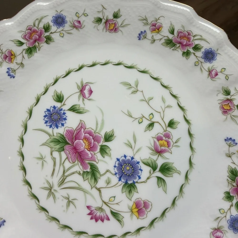 Spring Night Fine China Cake Plate Platter Floral Scalloped Gold Trim Vintage